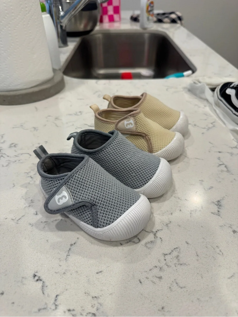 Kids Mesh Slip-On Walking Shoes - Gray and Beige